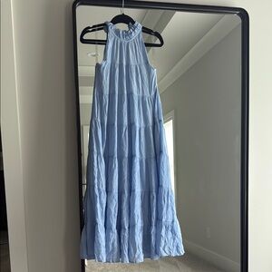 Blue Tiered High Neck Maternity Maxi Dress